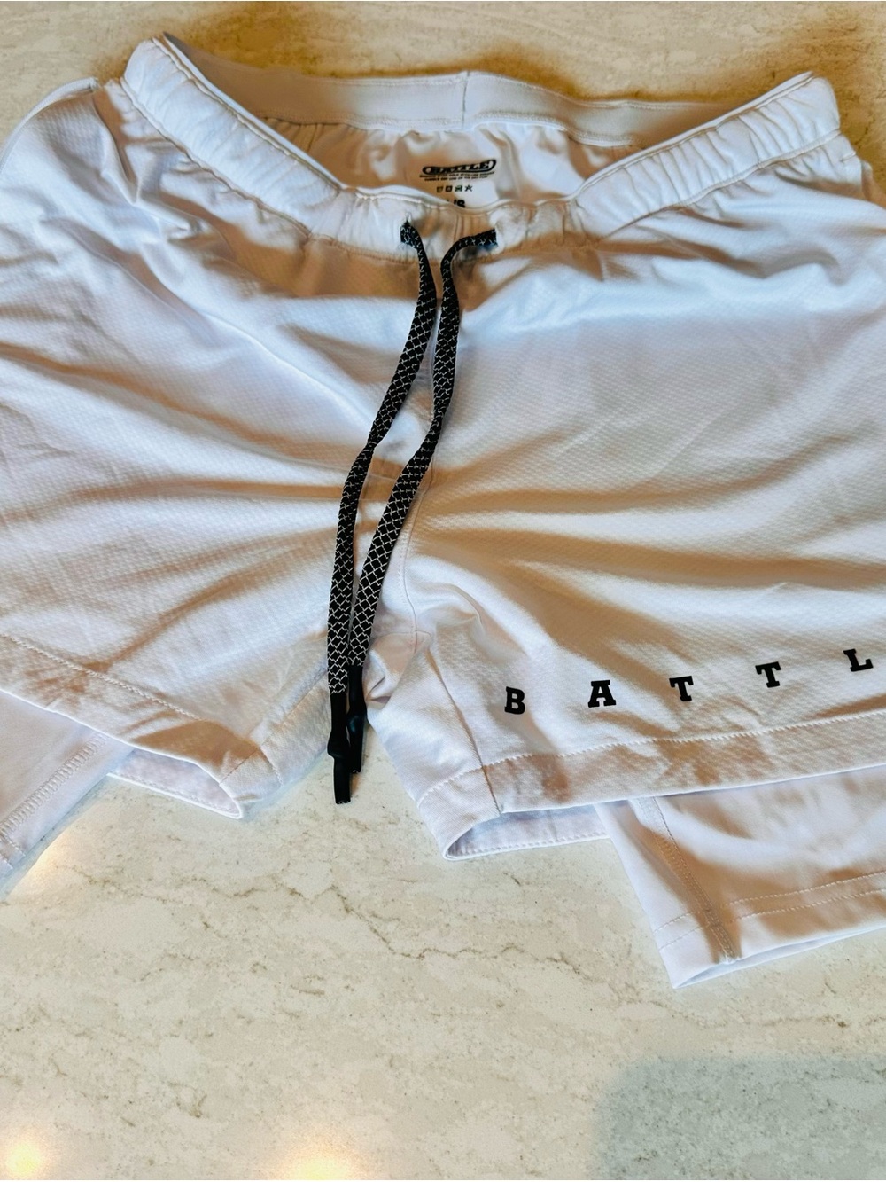 Battle White Men’s Athletic Shorts with Black Drawstring